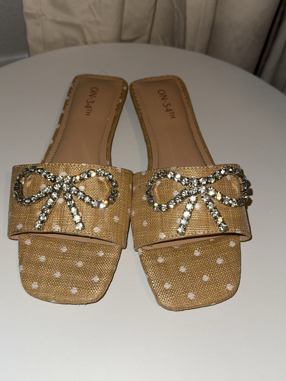 ON 34TH Tan Polka Dot Slide Mules with Crystal Bow Accent
